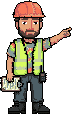 Pixel-art gaffer in a hard hat and high-visibility vest, clipboard in one hand, the other pointing off to dispatch a worker.