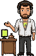Pixel-art receptionist in a headset at a front desk with a service bell, one hand raised in welcome.